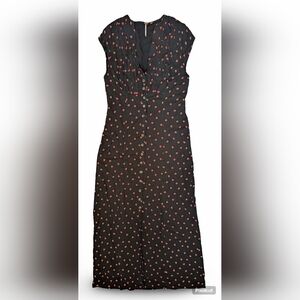 Free People Micro Strawberry Print Black Summer Maxi Dress, Pintucks V Neck, Med